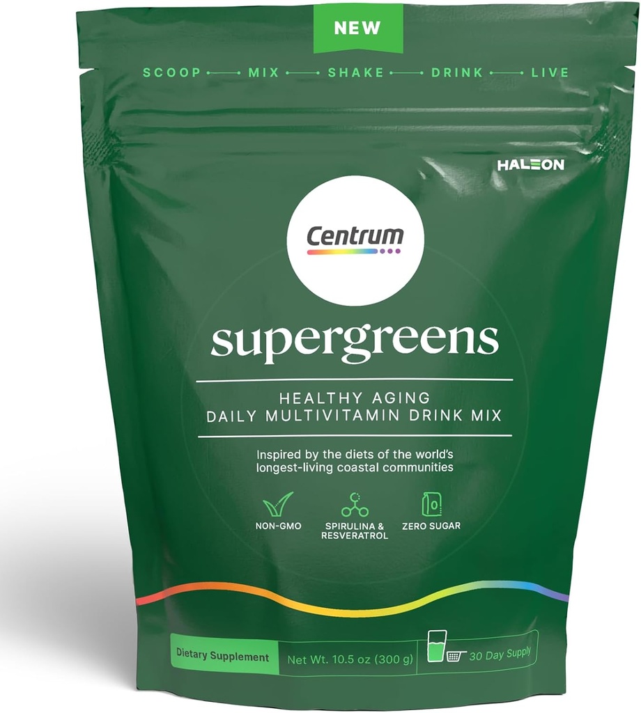 Centrum Supergreens - Superfood Powder & Multivitamin for voksne - Grønne Pulver med Spirulina, Mushroom, Prebiotics & Enzyme Blend - 30-Day Supply