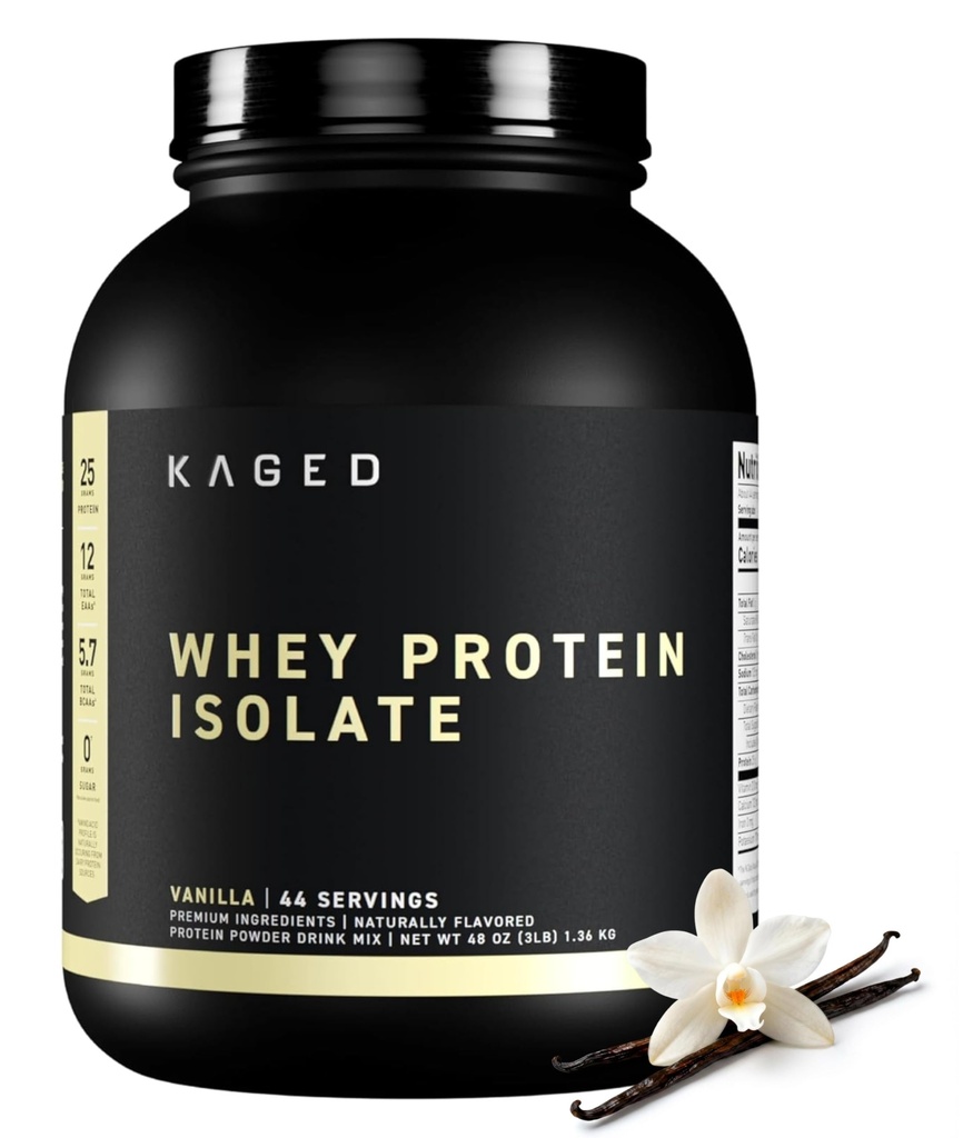 Kaged Whey Protein Isolate Powder | Vanilla | 100% Pure Low Lactose Whey | Post Workout Recovery Drink | Supports Muscle-Building | 25g per Serving | 44 Servings