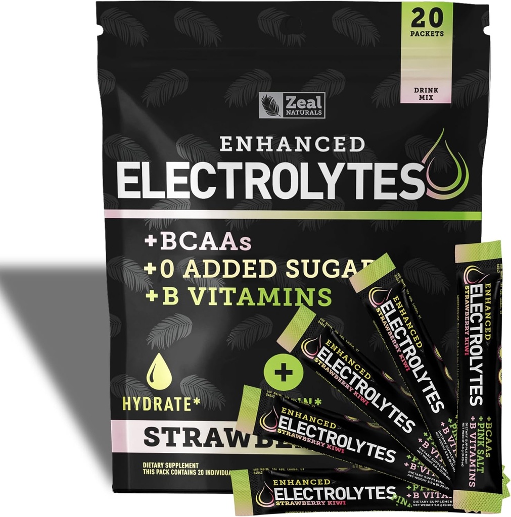 Enhanced Electrolyte Powder Stick Packs (Strawberry Kiwi | 20 Packets) w/ 0 Sugar +BCAAs +B-Vitamins Electrolyte Supplement w Potassium Zinc & Magnesium for Hydration - Keto Electrolytes