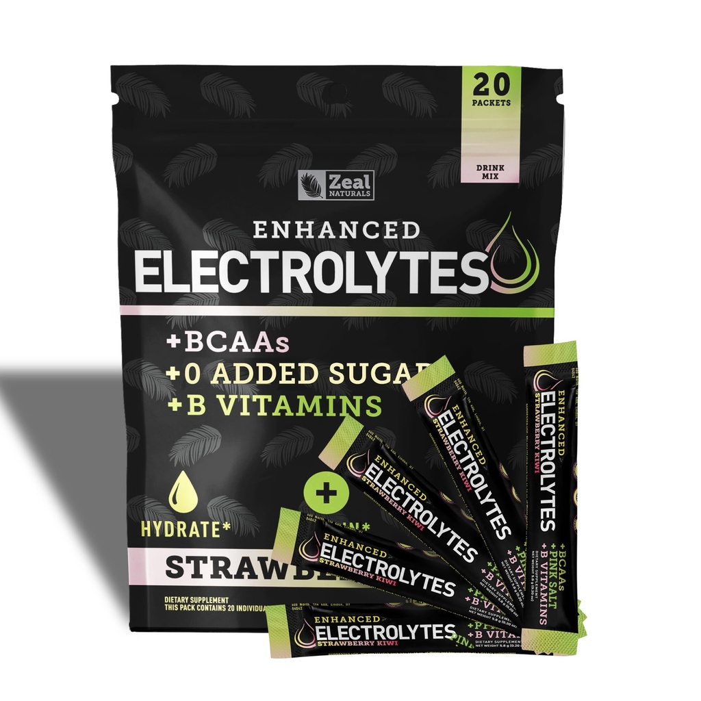 Forstærket electrolyte Powder Stick Packs (Strawberry Kiwi Yep 124; 20 Packets) w / 0 Sukker + BCAAs + B- Vitaminer Electrolyte Supplement w Kalium Zink & Magnesium til hydrering - Keto Electrolytes