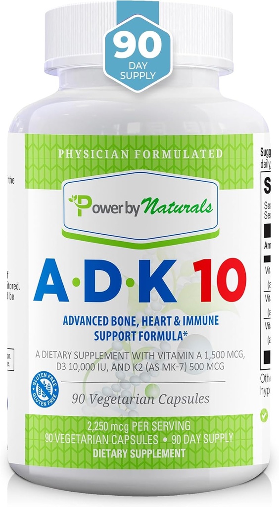 Power by Naturals ADK Vitamin Supplement - ADK 10 High Potency with Vitaminer A, D3 10.000 IE & K2 MK7 for Superior Heart, Immun & Bone Health Support - 90 kapsler, 1 pakke (3måneders Tilgang)