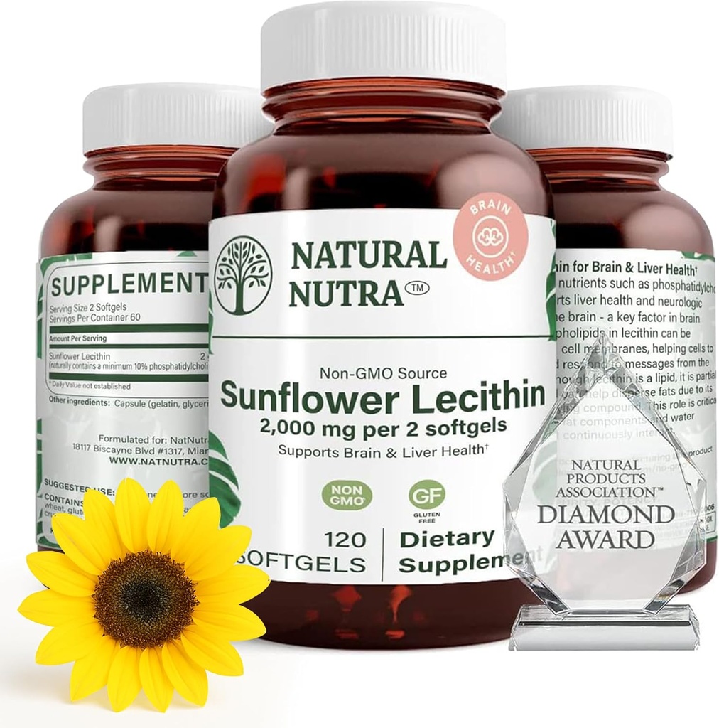 Natural Nutra Sunflower Lecithin 2000 mg Supplement, Supports Breastfeeding Moms with Plugged Milk Duct Relief, Liver & Brain Health Booster, Soy Free, Non-GMO, Gluten-Free, 120 Softgels (2 Pack)