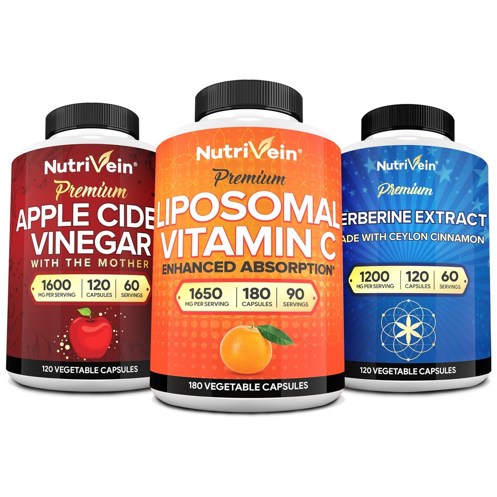 Nutrivein Premium Berberine, Apple Cider Vincitol, & Liposomal C-vitamin supplement Bundle: Høj- Absorption C-kapsler, ACV kapsler, & Berberine supplement for Wellness & Immunity