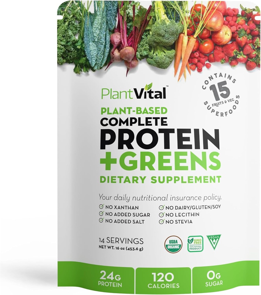 Plantvital Uflavored Organic Vegan Protein Powder - 15 Superfood, Veggies og Probiotika - Organic Plant- Based Protein Powder - Alle BCAA 'er, Gluten Free - 16oz -1 Pouch