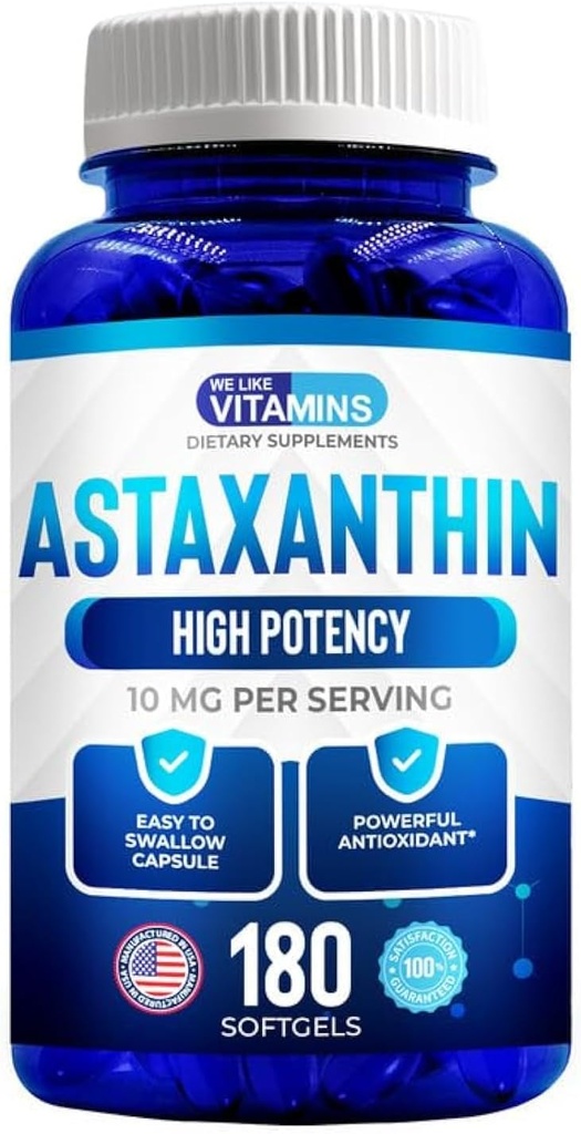 Vi kan lide Vitaminer Astaxanthin 10mg Softgel - Højt Potent Astaxanthin Kosttilskud fra Haematococcus Pluvialis - Forbedrer øjet, Fælles, Hud Sundhed & Energiniveauer - 180 Servere, 6 Måned Supply