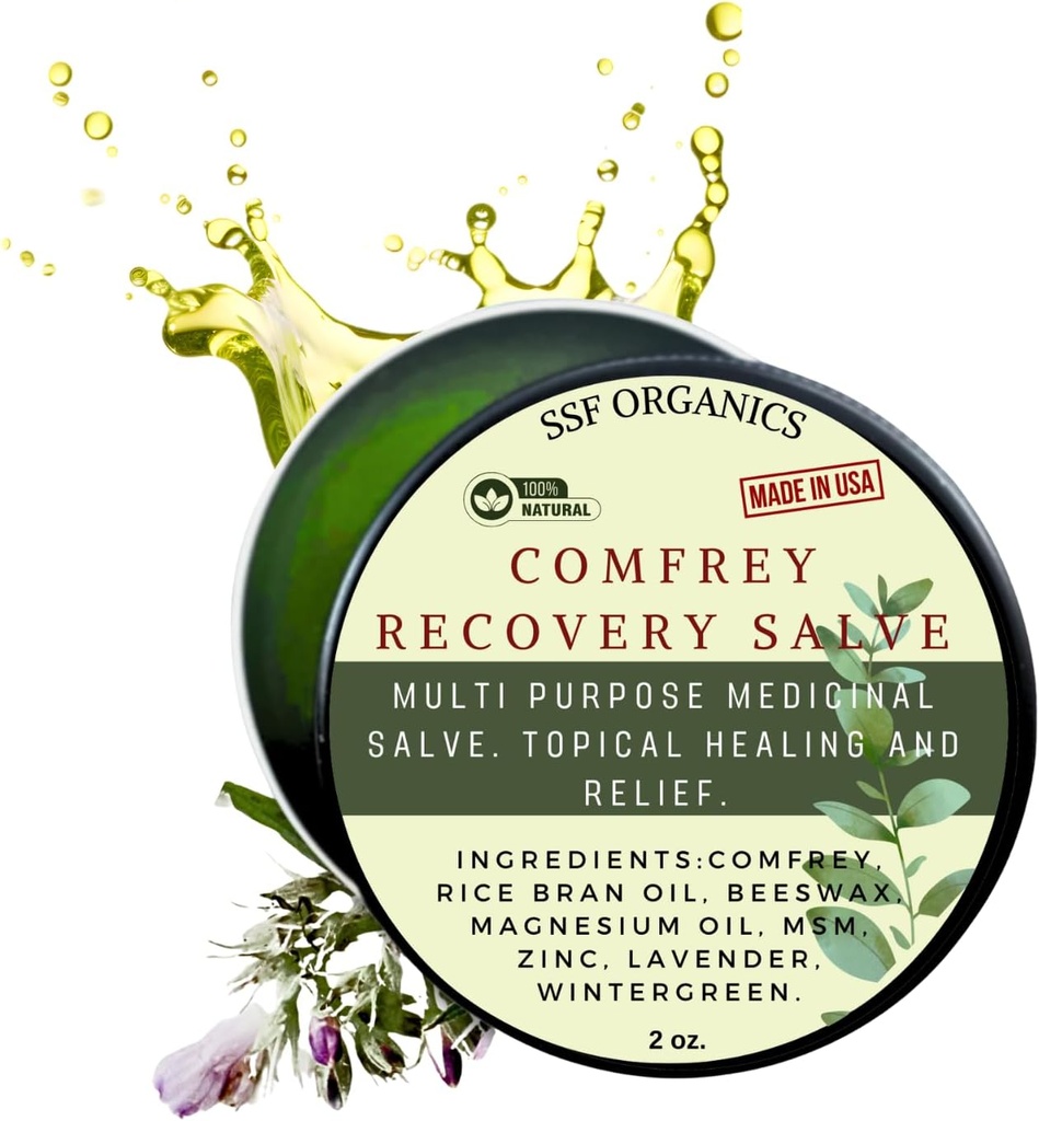 SSF Organics Comfrey Recovery Salve. Økologisk urtebalsam til knogler, muskler, joints, kneer, hud, hævelse og tattoo Care. Håndlavet, slank. Ingen kemiske fyldstoffer. 2 oz