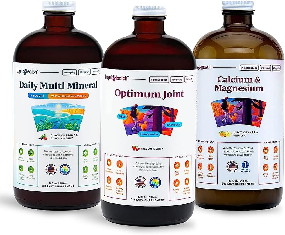 LIQUIDHealth Muscles, Bones & Joints Flydende Vitamin Bundle med Daily Multi Mineral, Optimum Fælles Væske Glucosamin, og Calcium & Magnesium Kosttilskud - Bone & fælles sundhed, energi, Vegan, Non- GMO