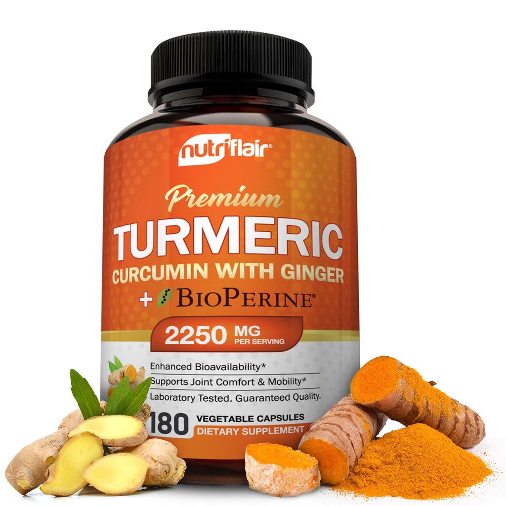 NutriFlair Gurkemeje med Ingefær og BioPerine Black Pepper Kosttilskud, 180 Kapsler - 95% Curcuminoider - Fælles støtte, Antioxidant, Anti Aging - Natural, non-GMO, Vegansk Bedste Potens