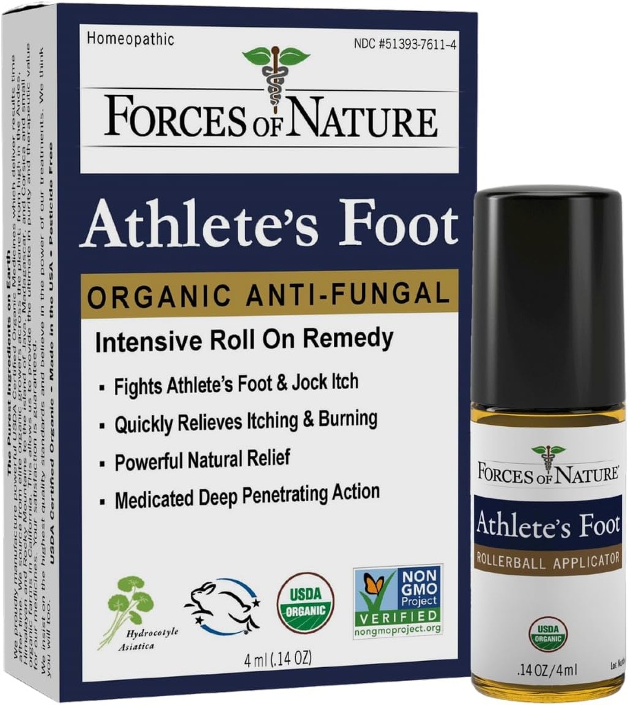 Naturens Kræfter - Natural, Organic Atlete 's Foot Treatment (4ml) Non GMO, No Farmful Chemicals, Cruelty Free - Antifungal Relieves Burning, Itching, Cracking Årsag af AF, Jock Itch og Ringworm