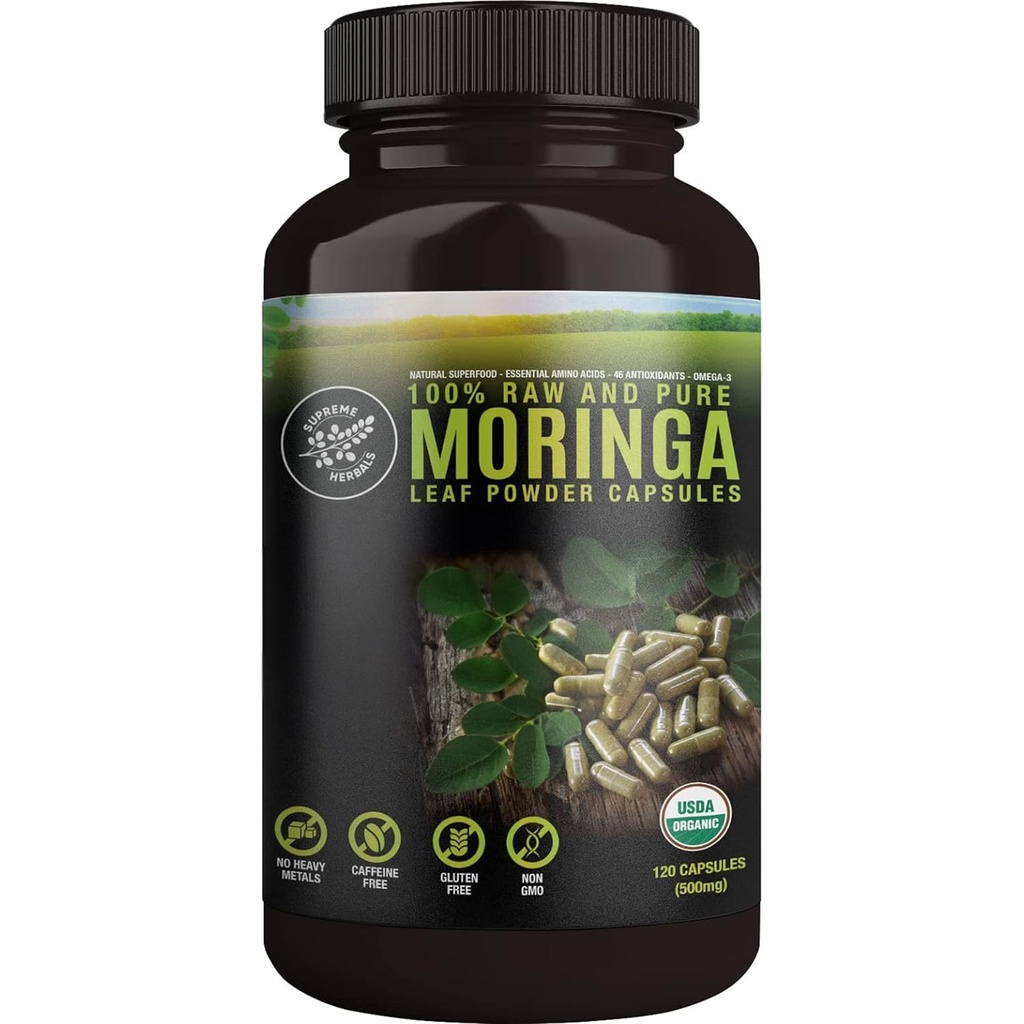 100% Raw og Pure Moringa Leaf Powder kapsler. Organisk certificeret Moringa Leaf. Naturlig superfood med essentielle aminosyrer, antioxidanter og Omega 3, 500mg, 120 kapsler.