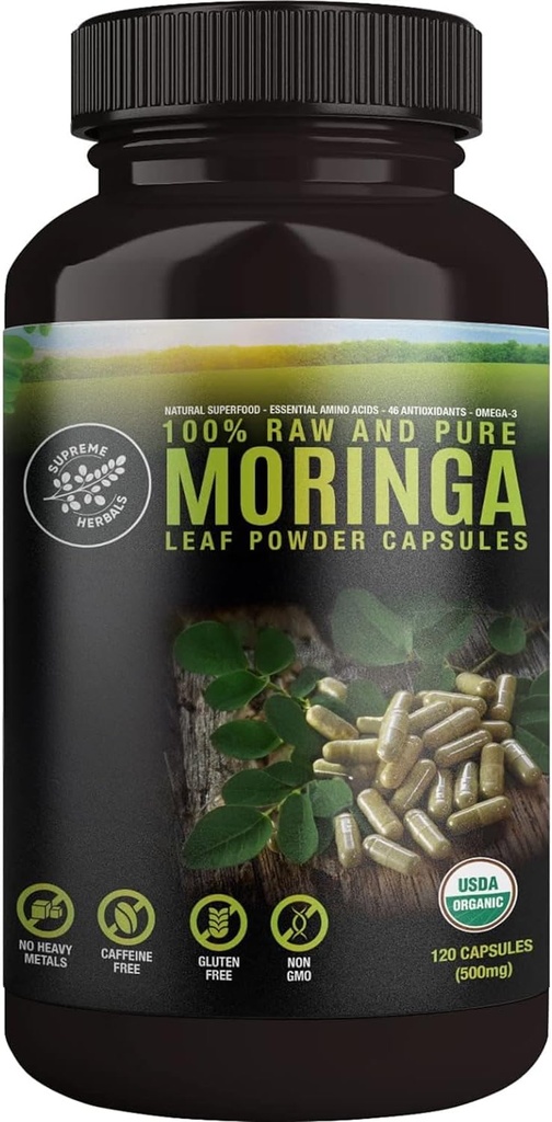 100% Raw og Pure Moringa Leaf Powder kapsler. Organisk certificeret Moringa Leaf. Naturlig superfood med essentielle aminosyrer, antioxidanter og Omega 3, 500mg, 120 kapsler.