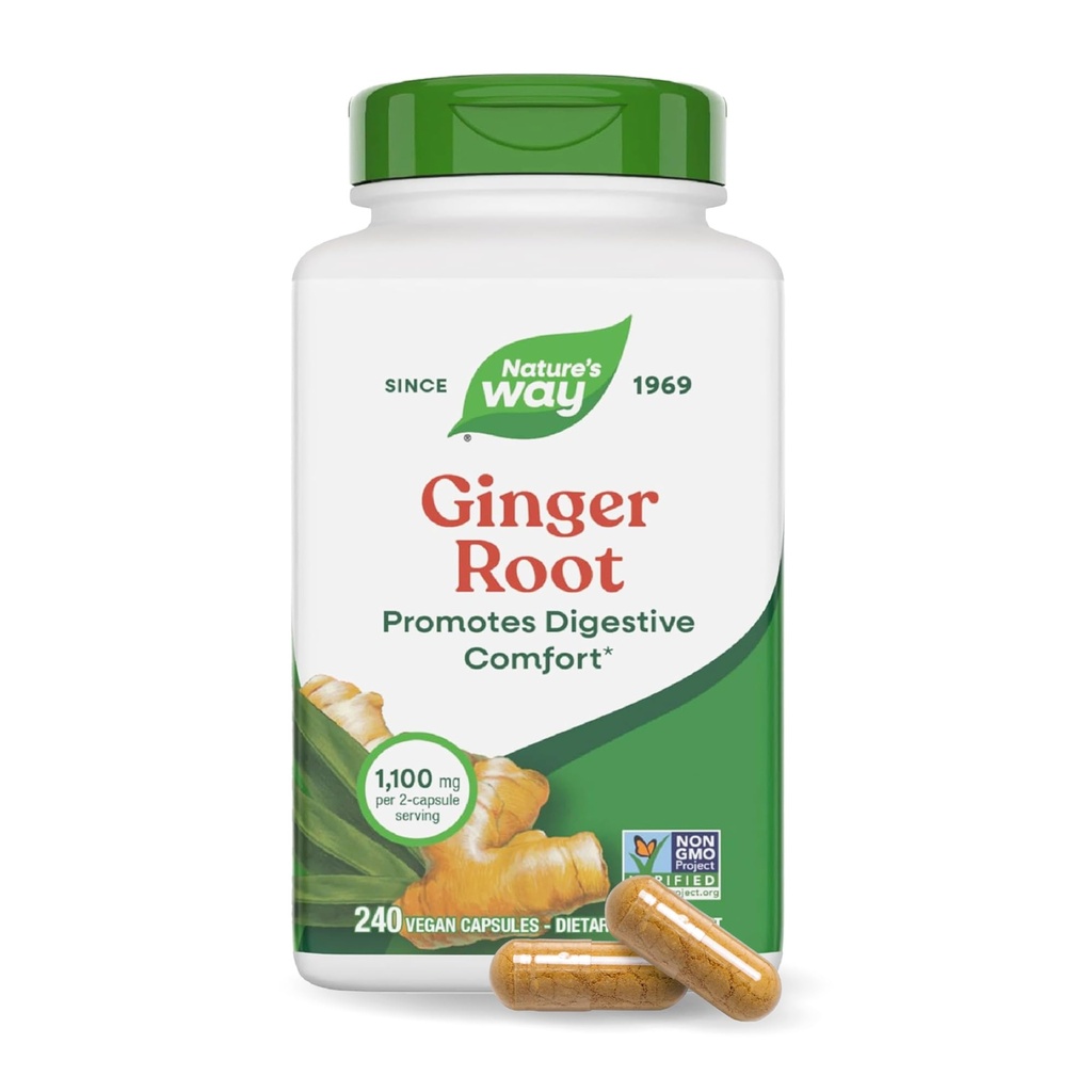 Nature 's Way Ginger Root Capsules 550 mg per kapsel, fordøjelseskomfort * Reducerer bevægelsesrelateret kvalme *, 1,100 mg per 2 kapsler, non- GMO projekt verificeret, Vegan, 240 Greve (Packaging May Vary)
