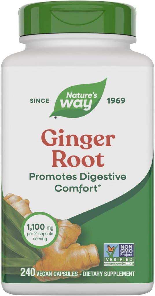 Nature 's Way Ginger Root Capsules 550 mg per kapsel, fordøjelseskomfort * Reducerer bevægelsesrelateret kvalme *, 1,100 mg per 2 kapsler, non- GMO projekt verificeret, Vegan, 240 Greve (Packaging May Vary)
