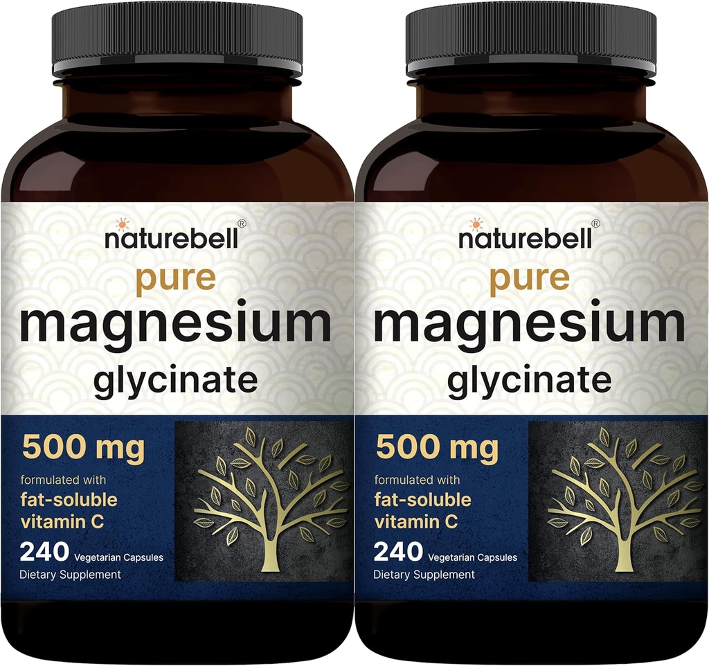 Pure Magnesium Glycinate 500mg with Fat Soluble Vitamin C, 480 Veggie Capsules (2 Pack) | Supplement for Muscle, Enzyme, & Heart Support* – 100% Chelated & Purified – Non-GMO, Filler Free