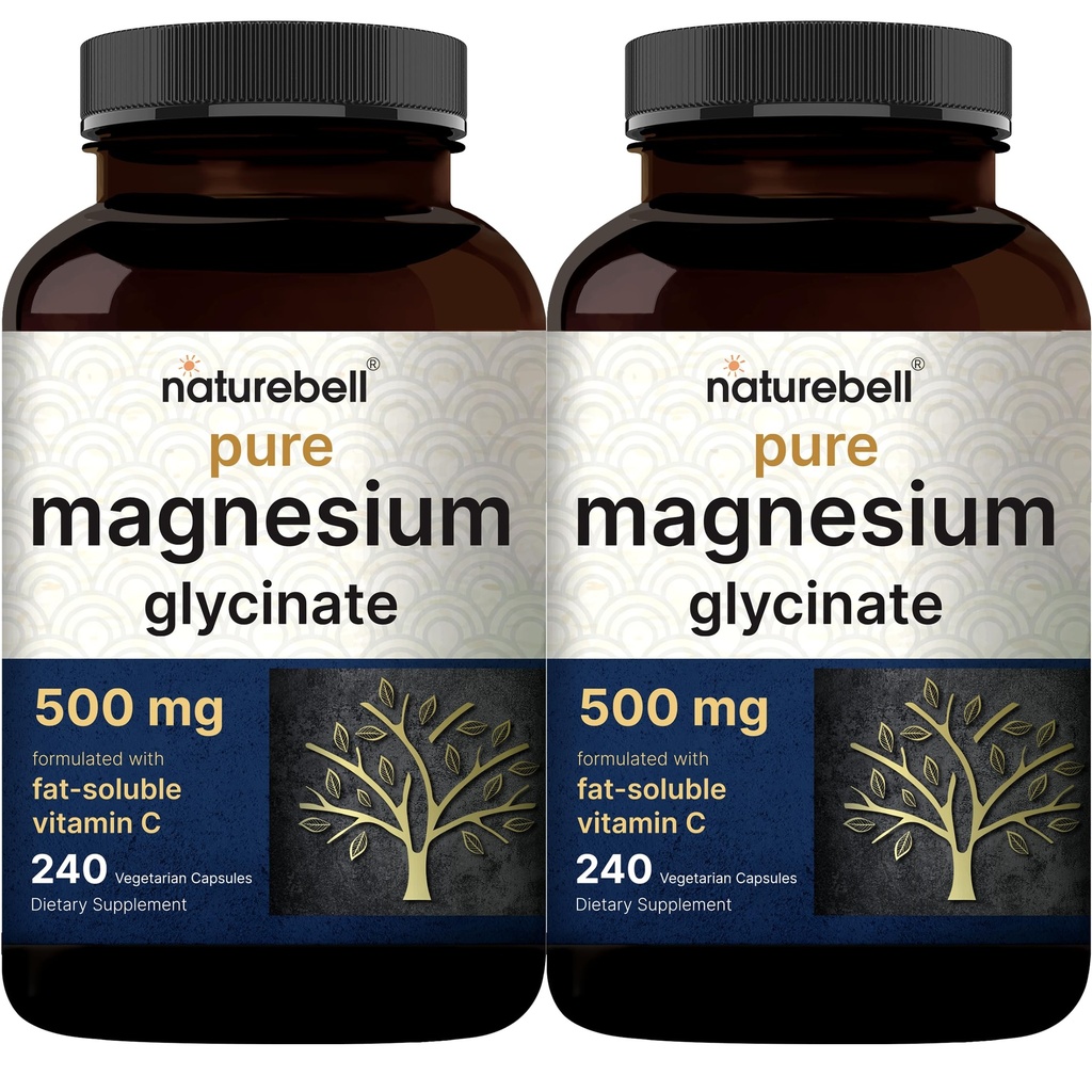 Pure Magnesium Glycinate 500mg with Fat Soluble Vitamin C, 480 Veggie Capsules (2 Pack) – 100% Chelated & Purified – 3rd Party Tested, Filler Free, Vegan Friendly, Non-GMO
