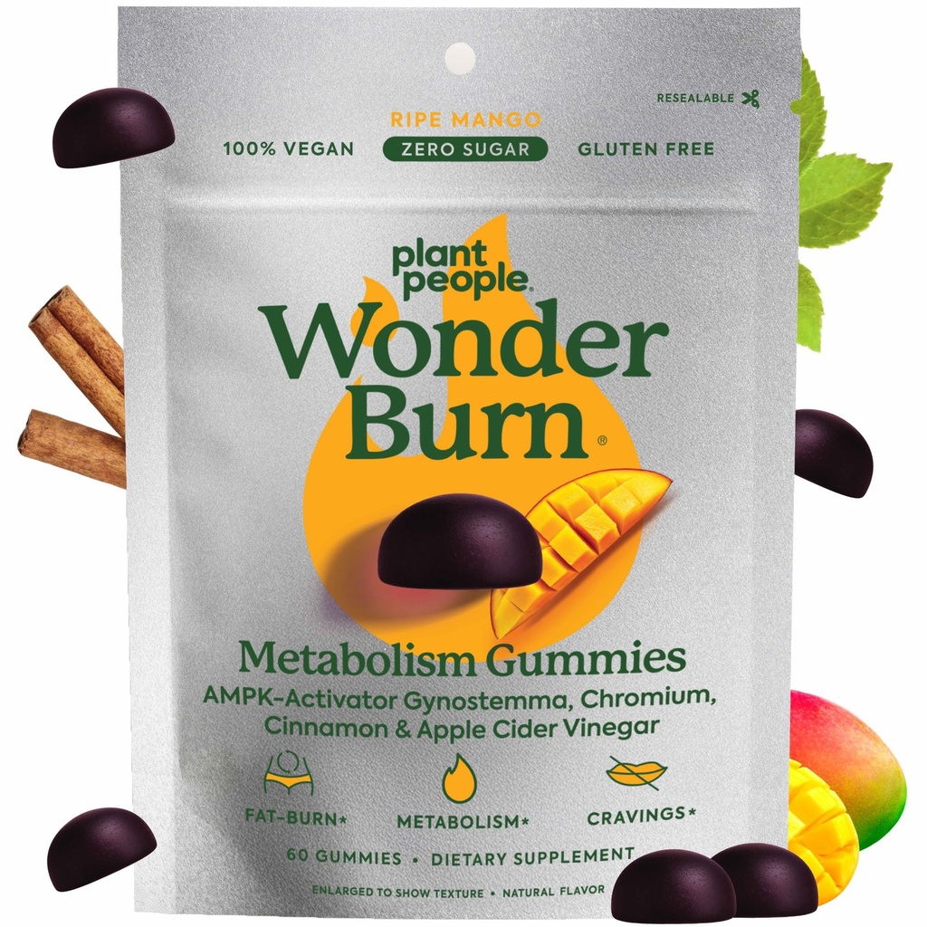 Plante Folk Wonderburn Metabolisme & Cravings Control Gummies, Zero Sugar, Ripe Mango Flavor (60 Greve)