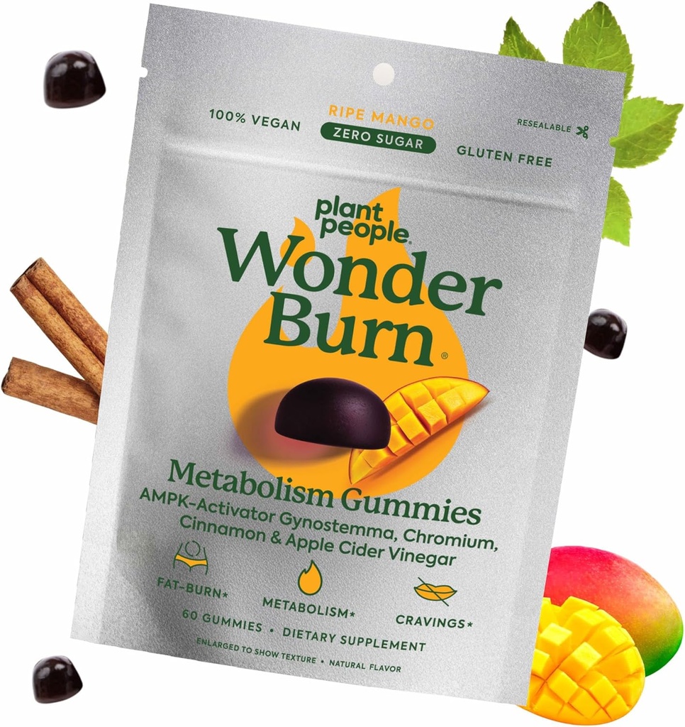 Plante Folk Wonderburn Metabolisme & Cravings Control Gummies, Zero Sugar, Ripe Mango Flavor (60 Greve)