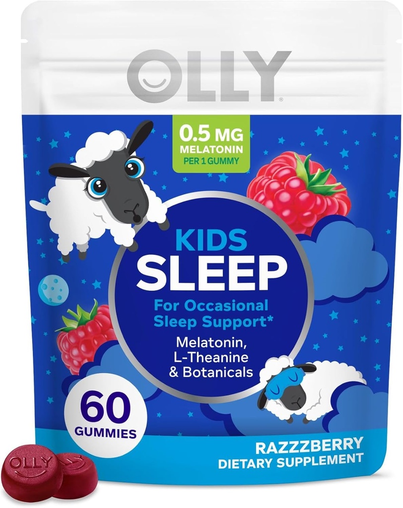 OLLY Kids Sleep Gummy, 0,5 mg Melatonin, L Theanine, Kamille, og Lemon Balm, Childrens Chewable Supplement, Lejlighedsvis Sleep Support, Hindbær - 60 Greve