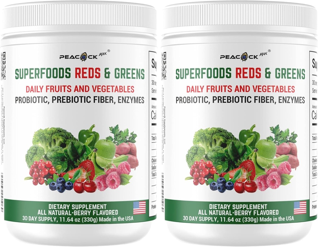 Superfood Red & Greens Powder - 11.64 oz (Pack of 2), Prebiotika & Probiotika til fordøjelse, Super Green Powder med Ashwagandha, Antioxidanter, Vegan, Non- GMO