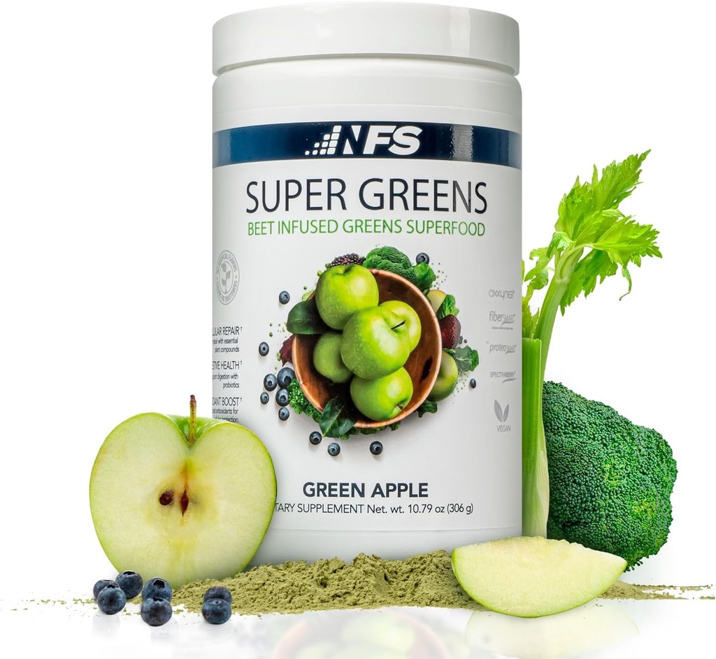 Super Greens Beet Infused Superfood Powder – Organic Green Superfoods, Protein, Antioxidants & Probiotics, Supports Healthy Blood Pressure, Digestion & Energy Boost (Green Apple, 30 Servings)