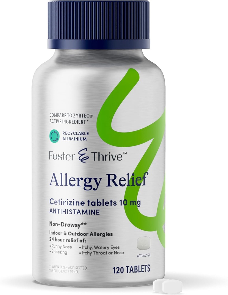 Foster & Thrive Cetirizin HCl 10mg Allergi Relief for sæsonbetinget allergi, Pollen, Hay Fever, og tørre Itchy øjne, Non- Drowsy Antihistamin medicin til børn eller voksne, Sammenlign med Zyrtec