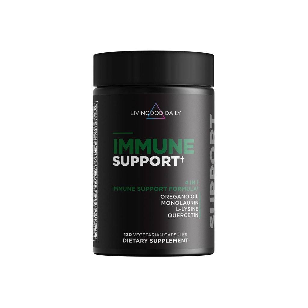 Livingood Daglig immunsupporttillæg, 4- in-1 Formel med Oregano Oil, Monolaurin, L Lysin & Quercetin, Gut & fordøjelsessygdomme, Gluten Free, Vegan, Non GMO, Allergen Free, 120 Kapsler