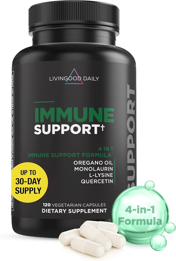 Livingood Daglig immunsupporttillæg, 4- in-1 Formel med Oregano Oil, Monolaurin, L Lysin & Quercetin, Gut & fordøjelsessygdomme, Gluten Free, Vegan, Non GMO, Allergen Free, 120 Kapsler