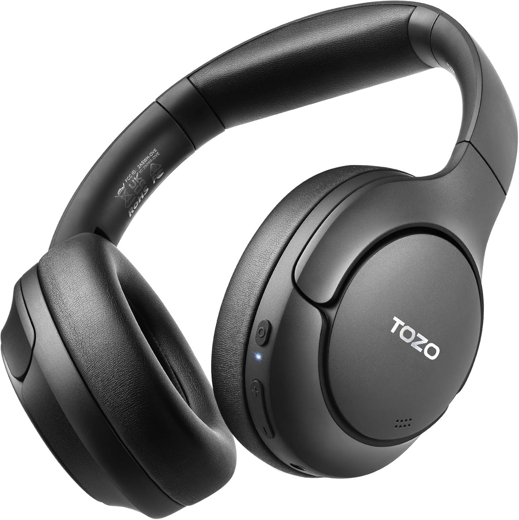 TOZO HT2 Hybrid Aktiv Støj Annullering Hovedtelefoner, Trådløs Over Ear Bluetooth Headset, 60H Playtime, Hi-Res Audio Custom EQ via App Deep Bass Comfort Fit Ear Cups, for Home Office Travel Black