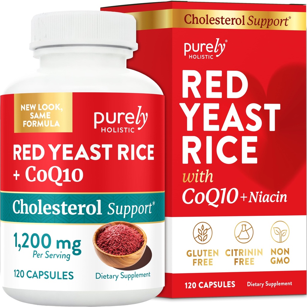 Rød gær ris 1200mg med CoQ10 Supplement & Flush Free Niacin 120 Ekstra styrke Vegetariske kapsler - Avanceret sund hjerteformel - Ikke-bestrålet, Citrinfri