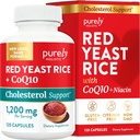 Rød gær ris 1200mg med CoQ10 Supplement & Flush Free Niacin 120 Ekstra styrke Vegetariske kapsler - Avanceret sund hjerteformel - Ikke-bestrålet, Citrinfri