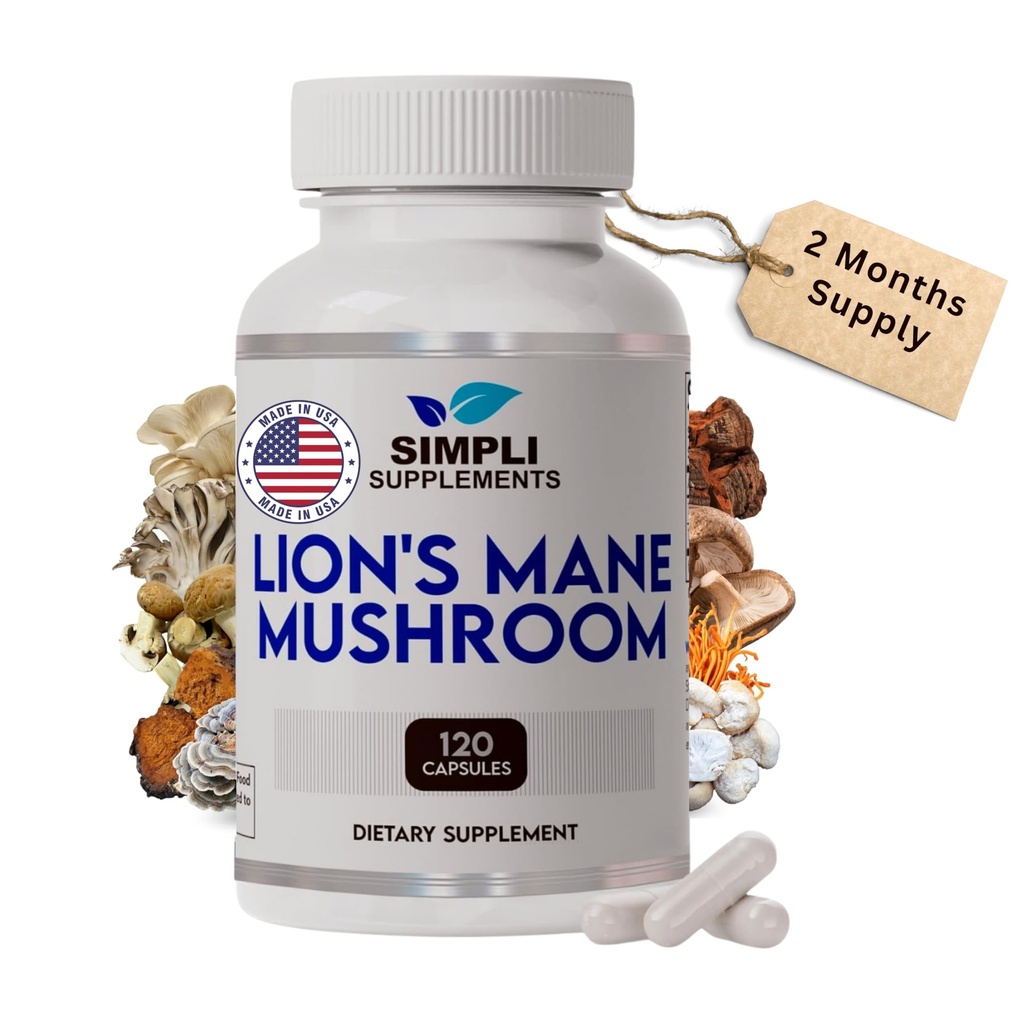 Lion 's Mane Mushroom Capsules Measures 124; Organic Real Mushrooms Lions Mane Powder supplement til kognitiv funktion & Immunity Support Measures 124; Brain and Memory Booster Measures 124; Vegan Measures 124; 120 Capsules (2 Month Supply)