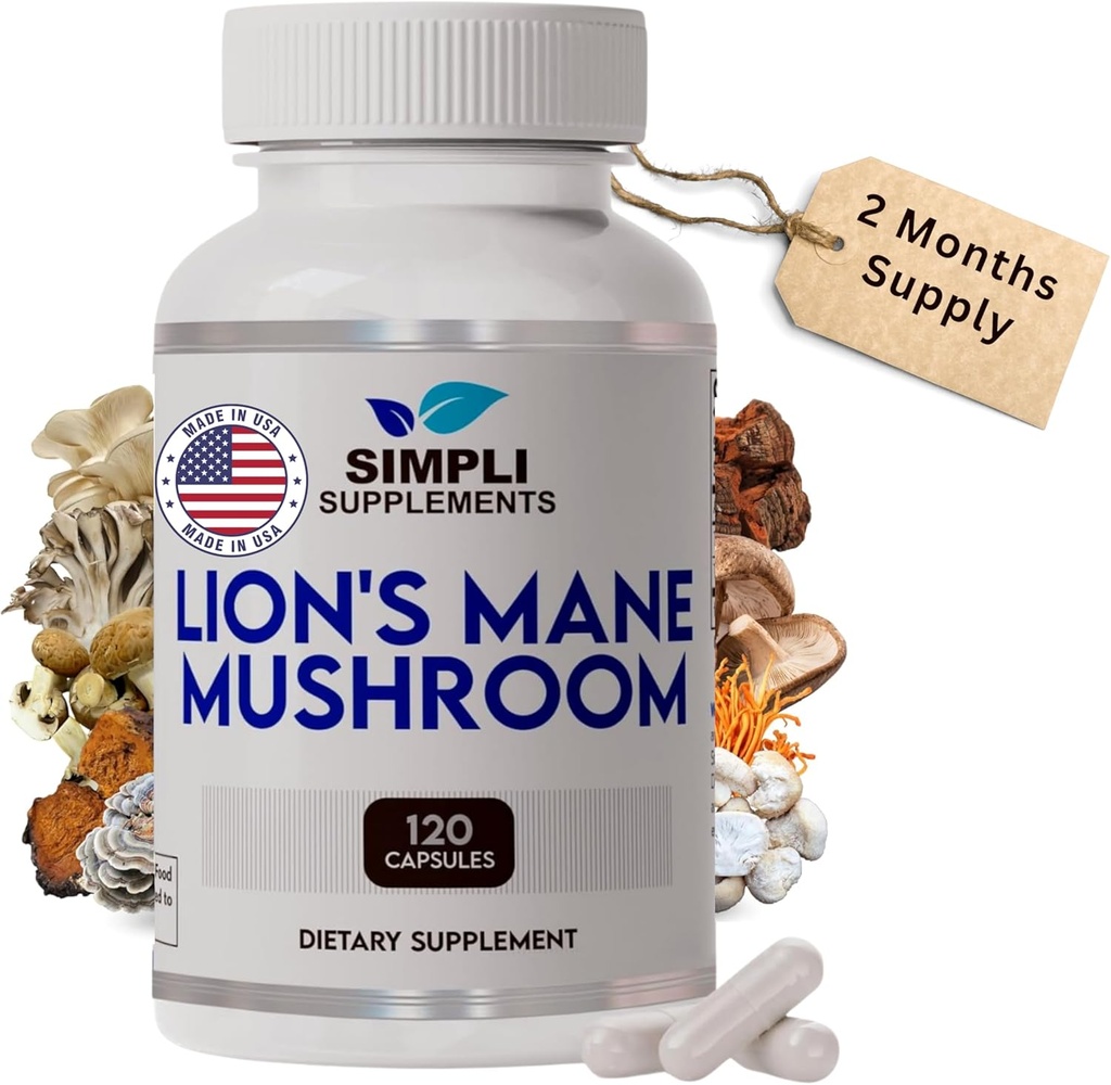 Lion 's Mane Mushroom Capsules Measures 124; Organic Real Mushrooms Lions Mane Powder supplement til kognitiv funktion & Immunity Support Measures 124; Brain and Memory Booster Measures 124; Vegan Measures 124; 120 Capsules (2 Month Supply)