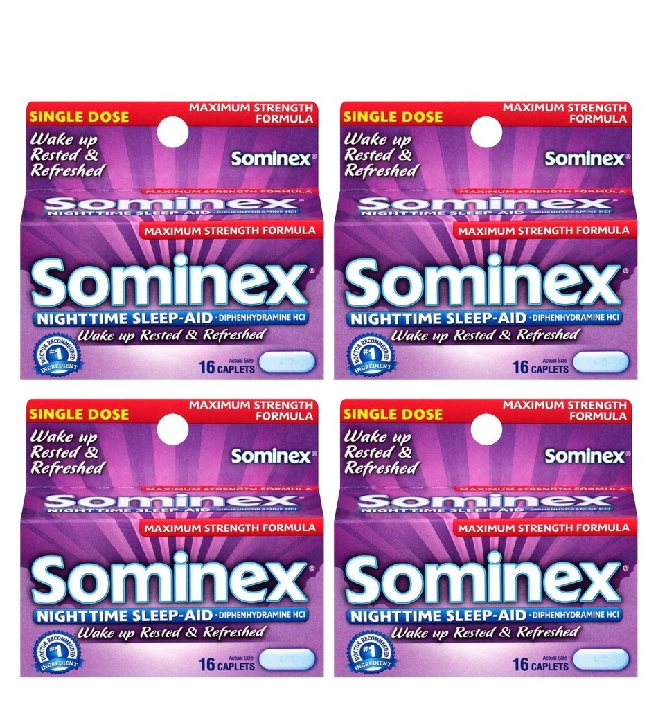 Sominex Nighttime Sleep- Aid Caplets, maksimal styrke, 16 ea (pakke med 4)