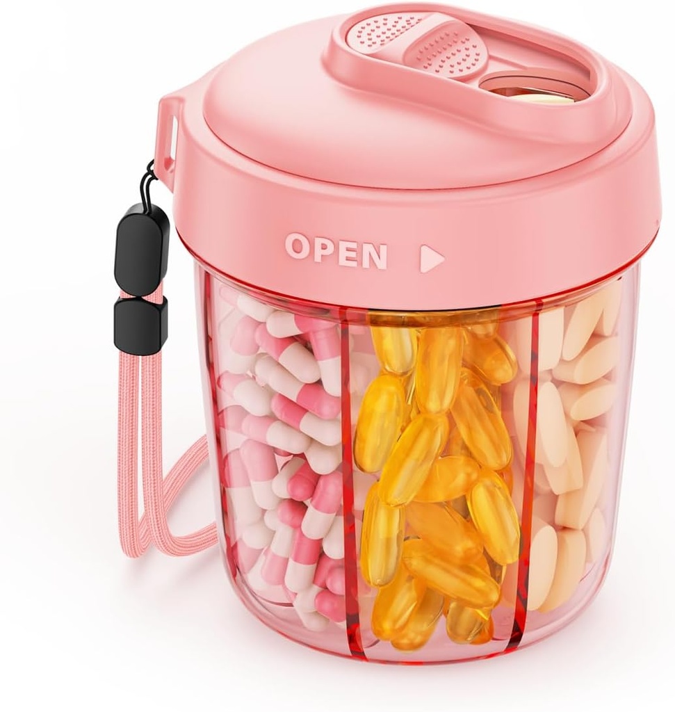 AUVON Large Pill Dispenser to Store 7 Various Supplements, Travel Pill Organizer with Anti-Mix Design, Pill Bottle with Wide Opening & Slider Lid Easy to Use, Includes 20 Blank Stickers, Pink