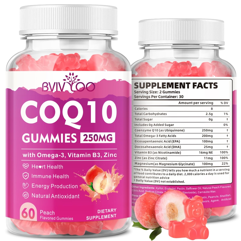 Sugar- Free CoQ10 Gummies 250 mg, Plus Omega-3, Vitamin B3 & Zink, Magnesium - Høj Absorption Coenzym Q10 Kosttilskud til hjerte sundhed, cellulær energi, & Antioxidant Support, 60 Tæl