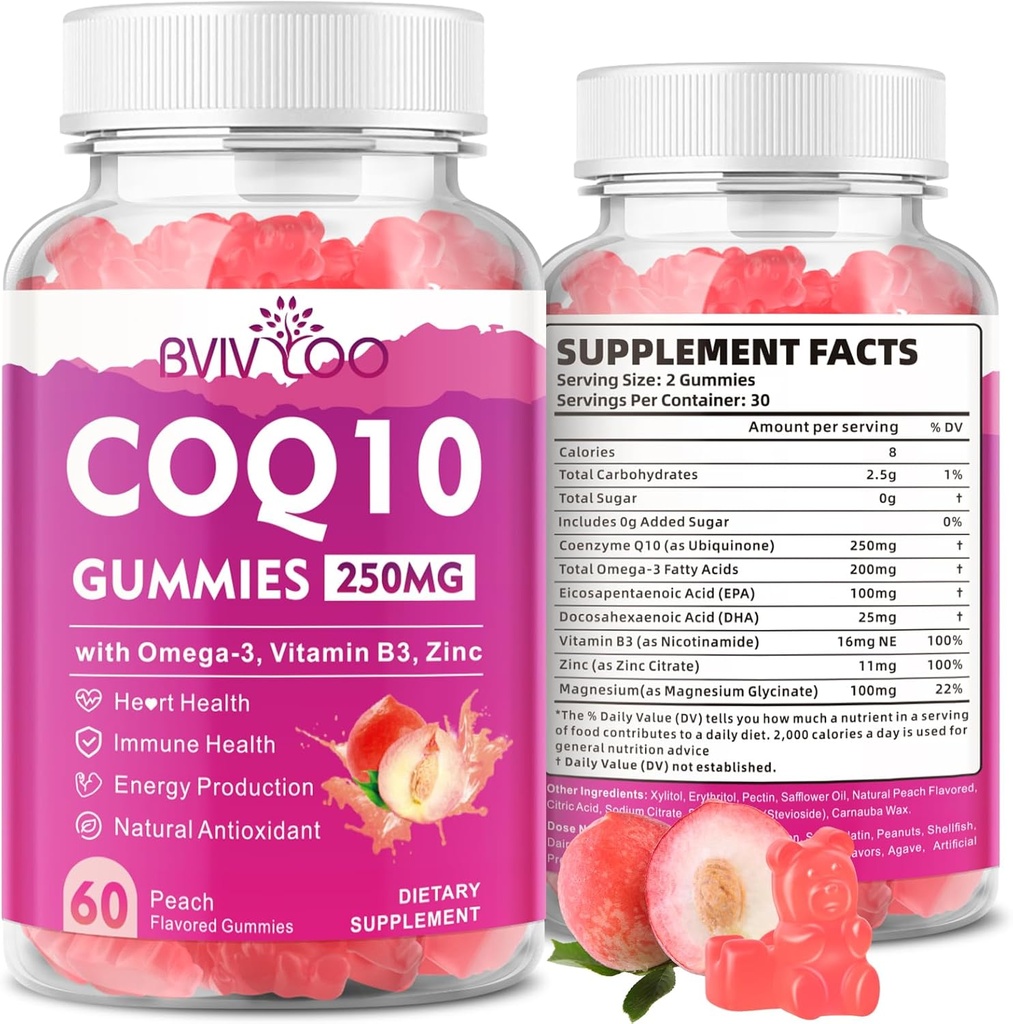 Sugar- Free CoQ10 Gummies 250 mg, Plus Omega-3, Vitamin B3 & Zink, Magnesium - Høj Absorption Coenzym Q10 Kosttilskud til hjerte sundhed, cellulær energi, & Antioxidant Support, 60 Tæl