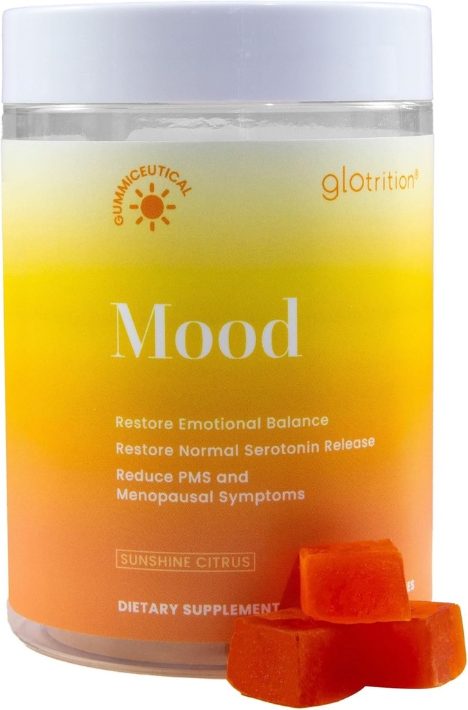 Gotrition Mood Gummy Measure 124; Forbedrer Mood and Reduces Feelings of Stress Measures 124; Allowates PMS Symptomer og Hot Flashes for Menopausale Kvinder Measures 124; Nedsætter Træthed og Irritability Measures 124; 60 Gummies