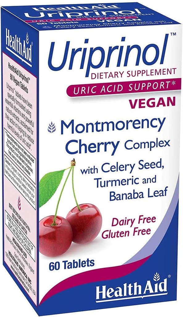 HealthAid Uriprinol ® 60 tabletter - to gange dagligt antioxidant ursyre rense med Montmortion Cherry, Selleri frø, gurkemeje & Banaba Leaf - Vegan, ikke-GMO
