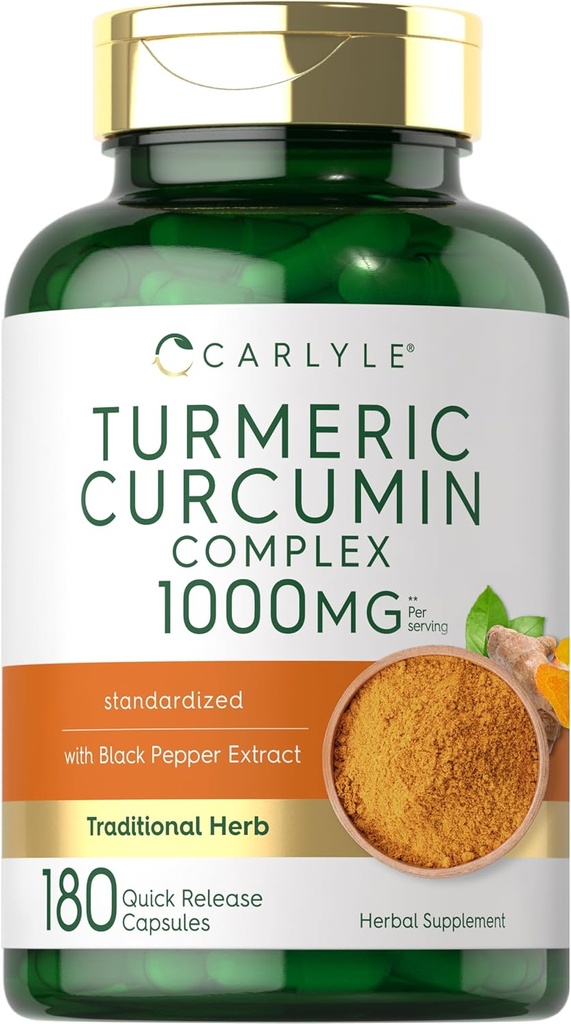 Carlyle gurkemeje Curcumin med sort peber 1000mg • 124; 180 kapsler • 124; gurkemeje Supplement • 124; ikke- GMO, gluten fri