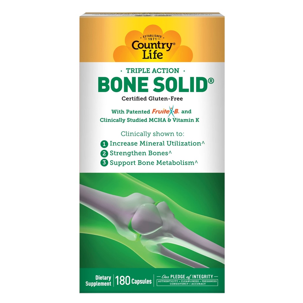 Country Life Bone Solid - Bone Health Supplement med mikrokrystallinsk Hydroxyapatit (MCHA), Calcium, Magnesium, Zink, Vitaminer K2 & D3 for Forbedret Knoglestyrke & Metabolisme - 180 kapsler