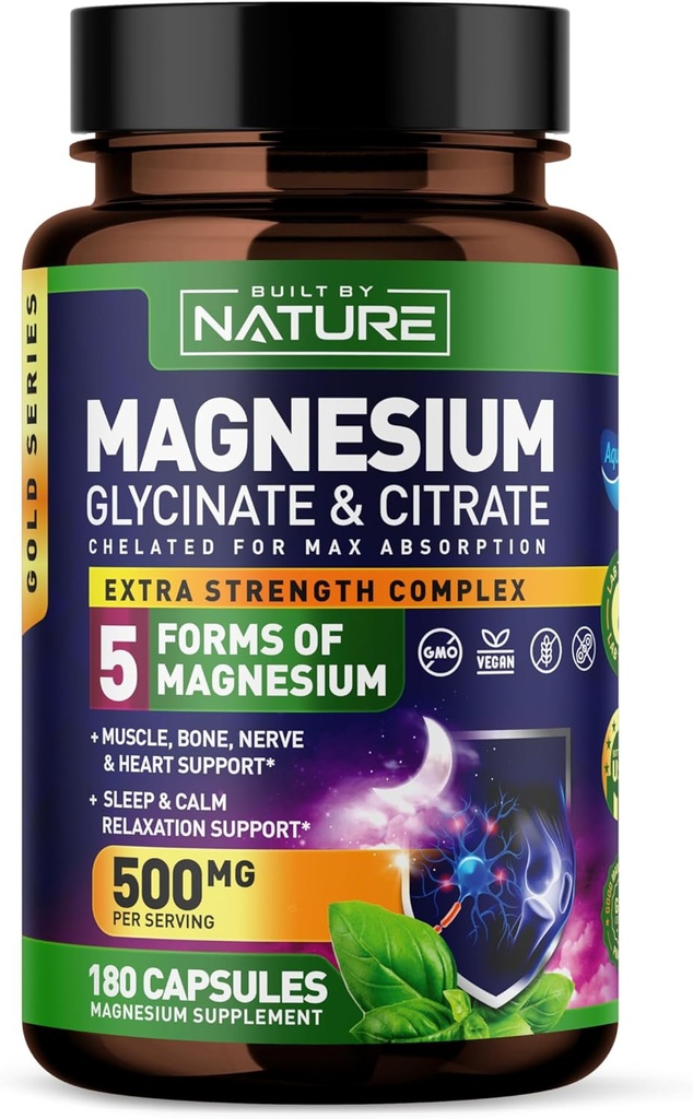 Magnesium Complex 500 mg - 5 former af Magnesiumglycinat, citrat, malat, oxid & Aquamin med 72 trace mineraler - Chelated for Absorption - Supplement for muskel, nerve, hjerte og søvn (180 kapsler)