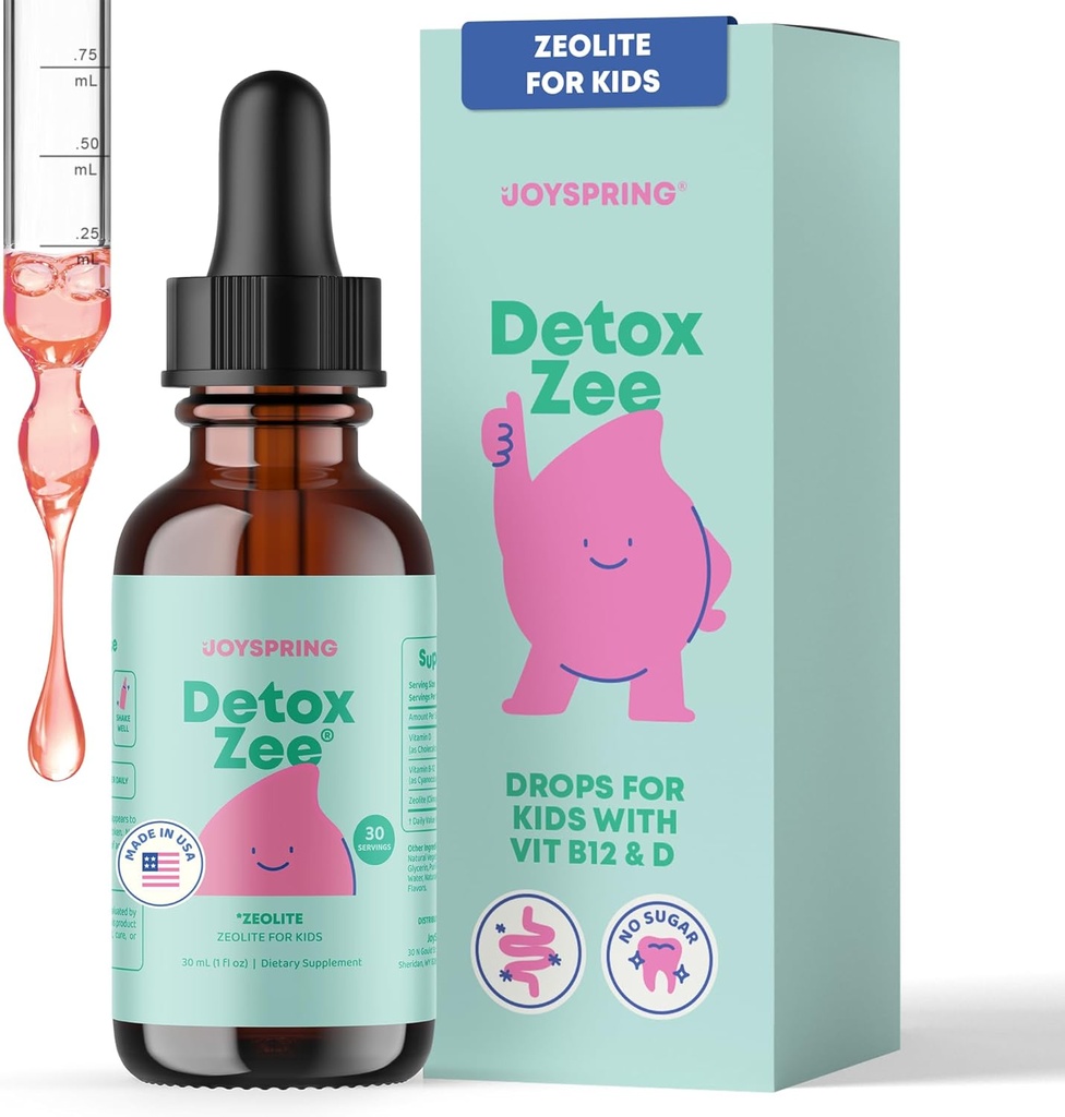JoySpring DetoxZee Zeolite Drops for Kids - Clinoptilolite med vitamin D3 & Cyanocobalamin Vitamin B12 - Natural Berry Flavor Liquidation 124; 30 Servering