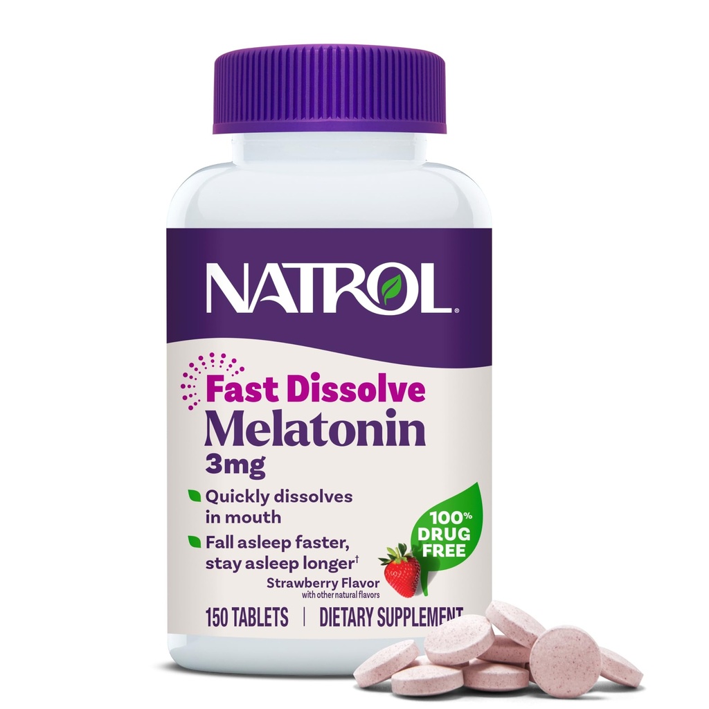 Natrol Fast Opløs Melatonin 3 mg, Melatonin Kosttilskud til rolig søvn, Sovestøtte til voksne, 150 Strawberry- Flavored Tablets, Op til en 150 dages forsyning