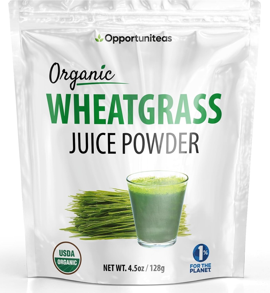 Opportuniteas Organic Raw Wheatgrass Juice Powder - Grown & Tørred in USA - Premium Green Superfood Supplement - Vegan & Non- GMO - 4.5 oz