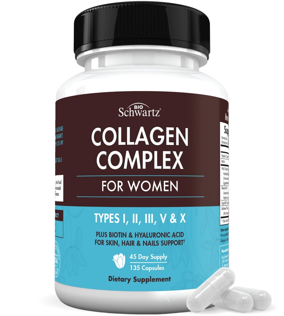 BioSchwartz Hydrolyzed Collagen Peptid Capsules - Multi Collagen Kosttilskud til kvinder type I, II, III, V, X med vitamin C, Biotin, Keratin og Hyaluronsyre til hud, hår og negle - 135ct