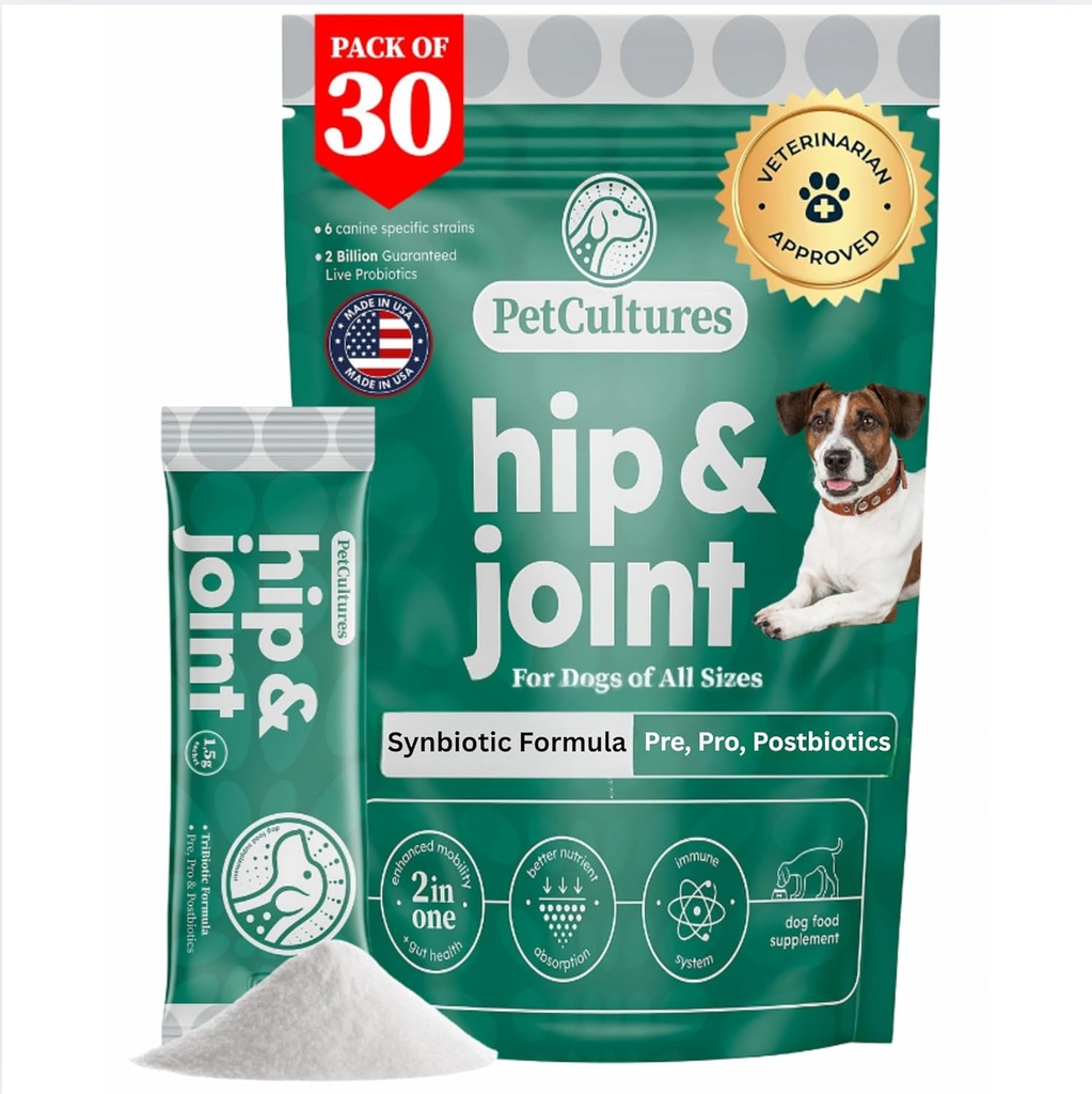 PetCultures Hip & Joint TriBiotic Powder, en Food Topper Supplement Support Dog Mobilitet med probiotiske, prebiotiske og postbiotiske Plus Glucosamin & Chondroitin - Made in USA