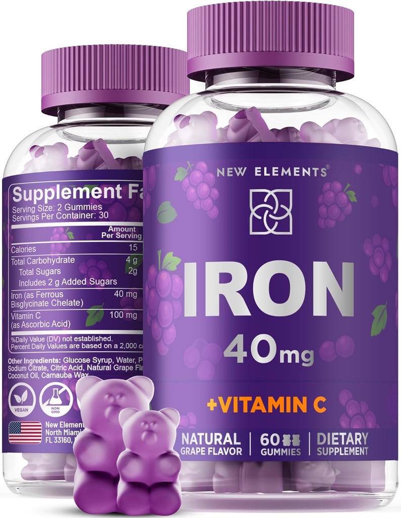 Iron Gummies 40mg med C-vitamin 100mg - bedste jerntilskud til kvinder, mænd og voksne - Gratis blod builder for anæmi - immunforsvar & Energy Booster Budd124; Frugt Pectin Budd124; Vegan Budding124; Non- GMO