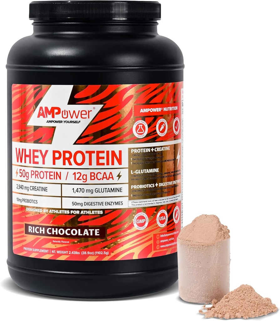 Chocolate Whey Protein Powder 124; Scientificy- Designet Optimum Muscle Stack, Gut, Brain, Mummintha 124; Protein, BCAA, Creatin, L- Glutamin, Probiotika, fordøjelsesfremmende enzymer