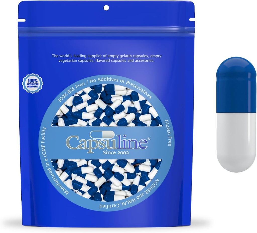 Capsulin Gelatine Capsules DIY 00 Capsules - Kosher Certified, Pure Bovin Pille Kapsler Tom & Gluten Free - 1000 Greve, Blå / Hvid