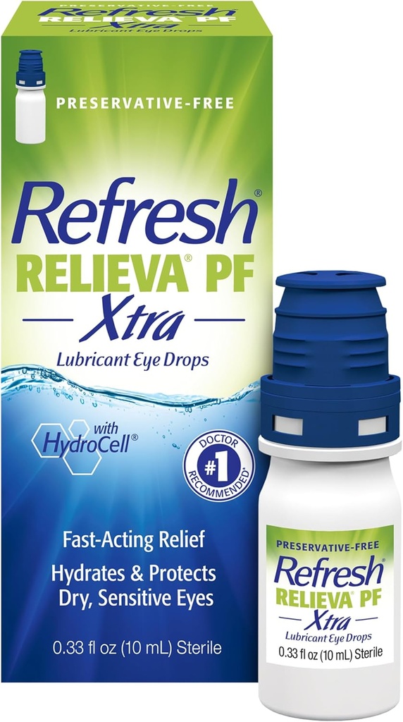 Genopfrisk RELIEVA PF Xtra Preservative- Gratis kunstige Tårer Smøremiddel øjendråber, 0,33 fl oz (10 ml)